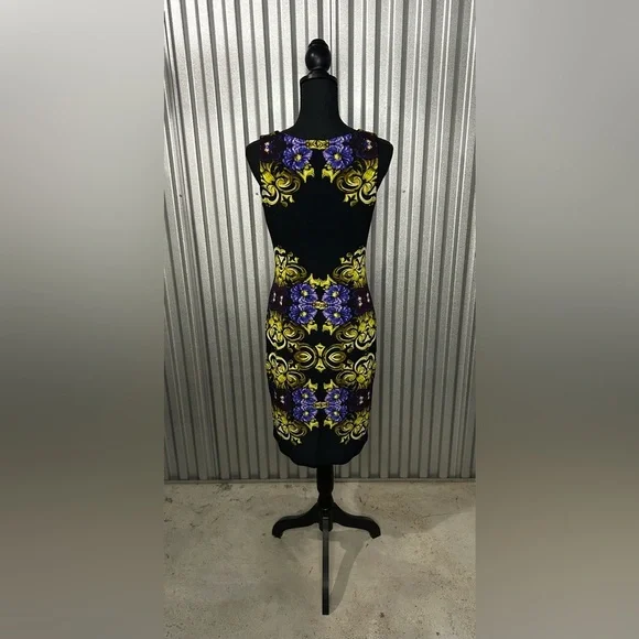 Women’s Joseph Ribkoff Black Purple Floral Sleeveless Midi Dress Designer Size 8 - Picture 2 of 3